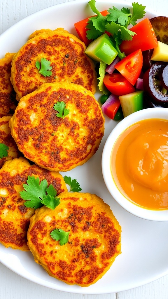 Golden vegan chickpea patties on a plate with dipping sauce and salad.